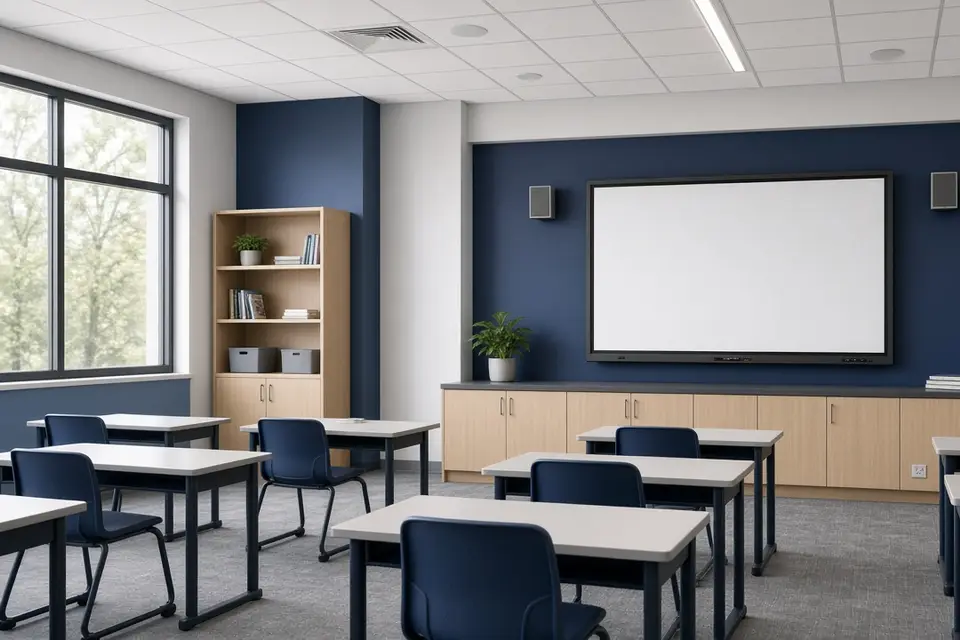 Classroom with an interactive display at the front and student desks
