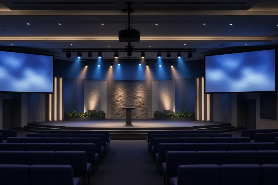 Church sanctuary with large projection screens flanking the stage and a ceiling projector