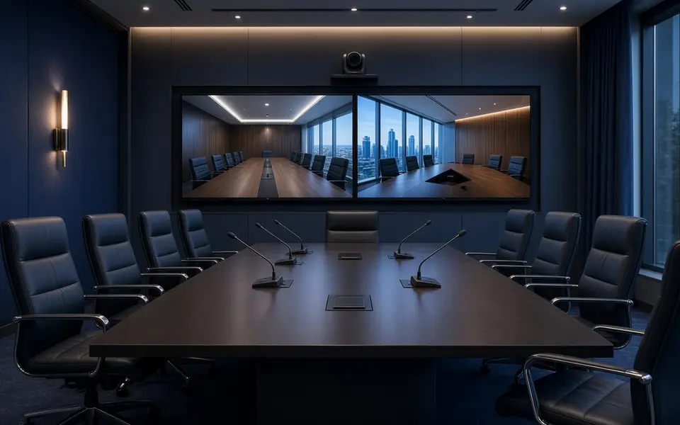 Video conferencing room with dual wall displays, camera and a long boardroom table