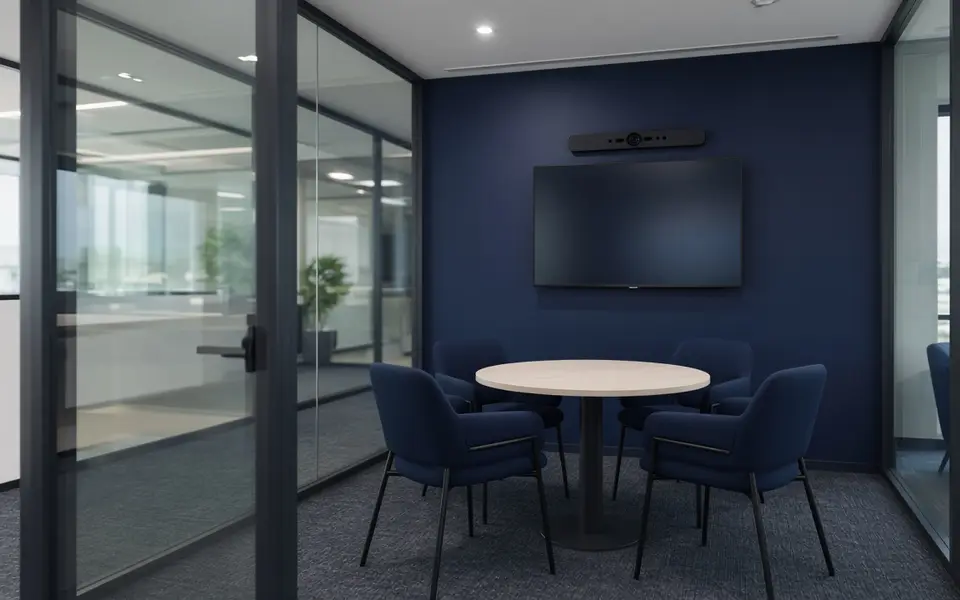Small huddle room with a wall-mounted display, video bar and round meeting table