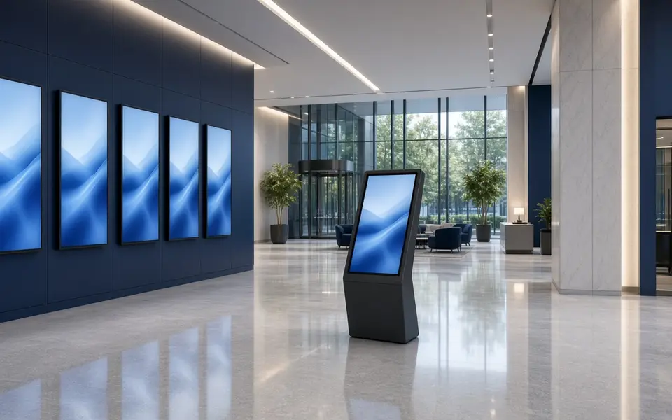 Modern lobby with a row of wall-mounted digital signage displays and a freestanding kiosk