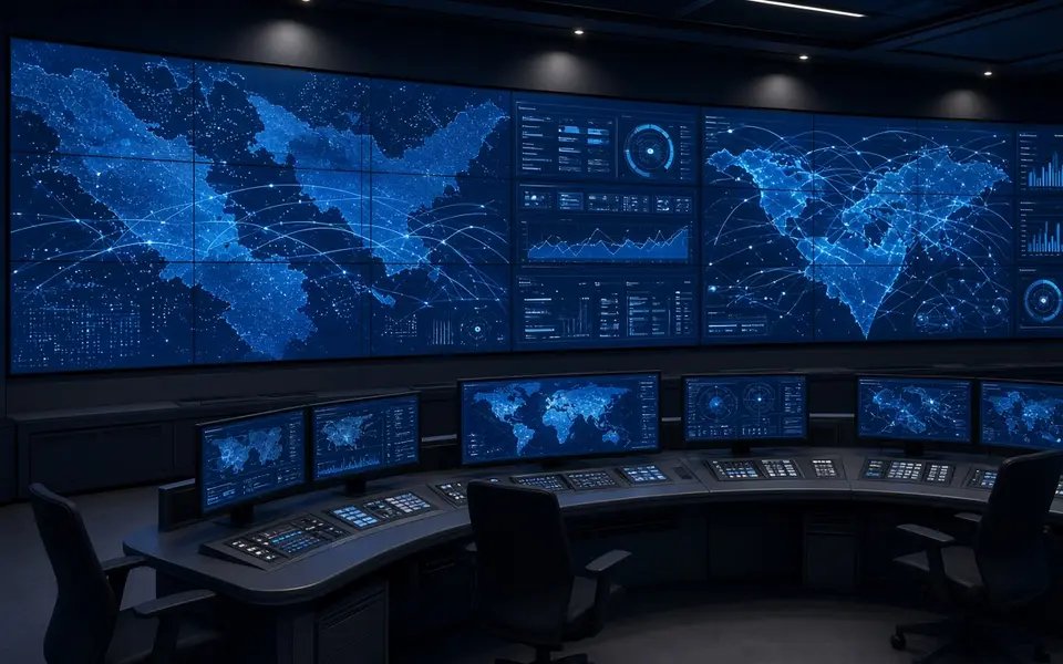 Command center with a large curved video wall above operator consoles